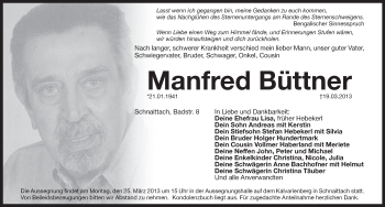 Traueranzeige von Manfred Büttner von Pegnitz-Zeitung